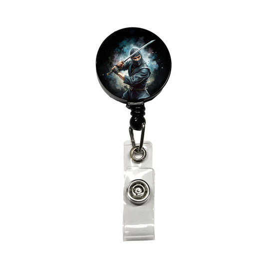 Ninja With Katana Black Watercolor Retractable ID Key Card Name Tag Badge Holder with Clip
