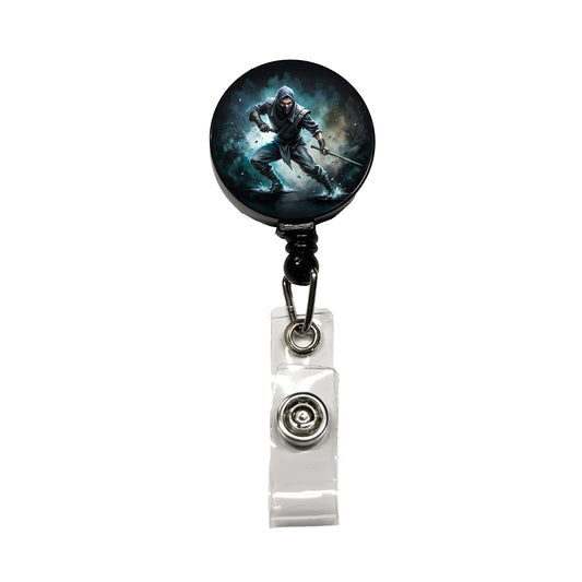 Ninja with Katana Sword Black Watercolor Retractable ID Key Card Name Tag Badge Holder with Clip
