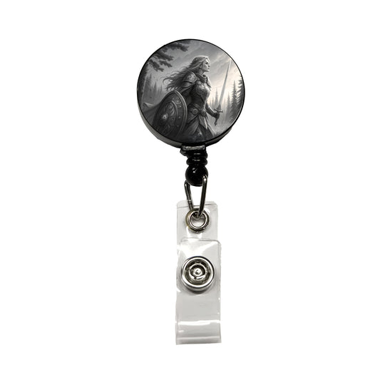 Nordic Viking Fantasy Woman Warrior Black And White Retractable ID Key Card Name Tag Badge Holder with Clip