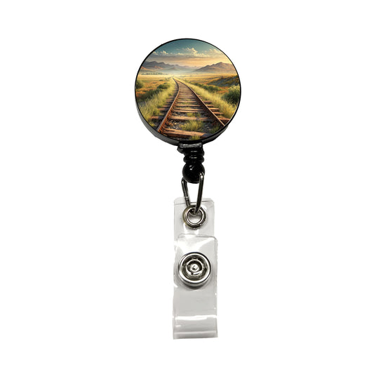 Old Train Tracks Vanishing Into The Distance Retractable ID Key Card Name Tag Badge Holder with Clip