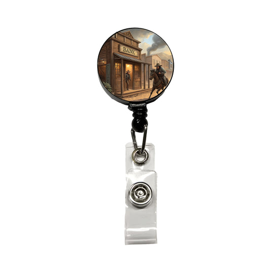 Old West Bank Robbery Western Retractable ID Key Card Name Tag Badge Holder with Clip