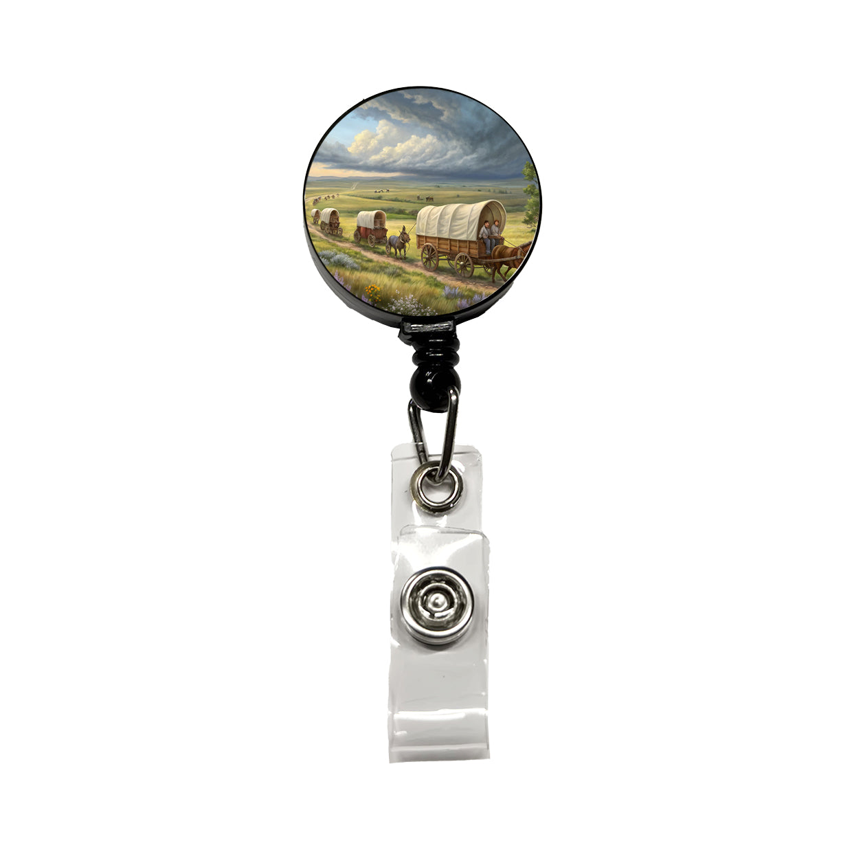 Old West Covered Wagons Crossing The Prairie Western Retractable ID Key Card Name Tag Badge Holder with Clip