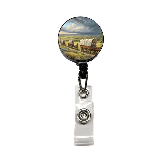 Old West Covered Wagons Crossing The Prairie Western Retractable ID Key Card Name Tag Badge Holder with Clip