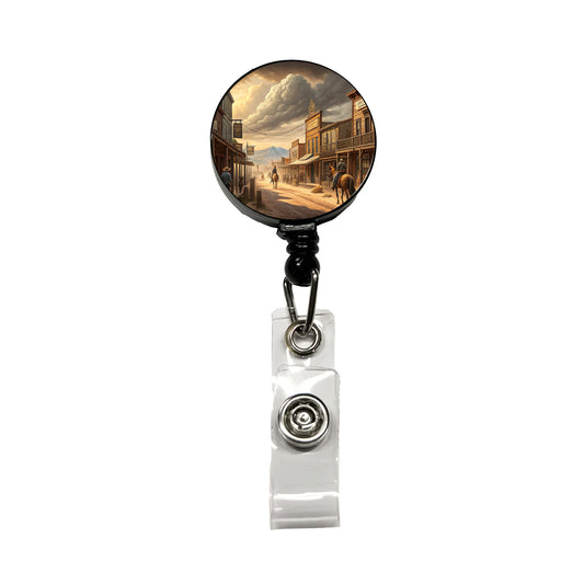 Old West Frontier Town Western Americana Retractable ID Key Card Name Tag Badge Holder with Clip