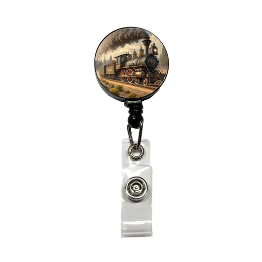 Old West Steam Locomotive Western Retractable ID Key Card Name Tag Badge Holder with Clip