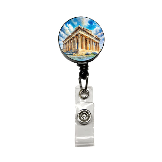 Parthenon Temple Athens Greece Greek Watercolor Retractable ID Key Card Name Tag Badge Holder with Clip