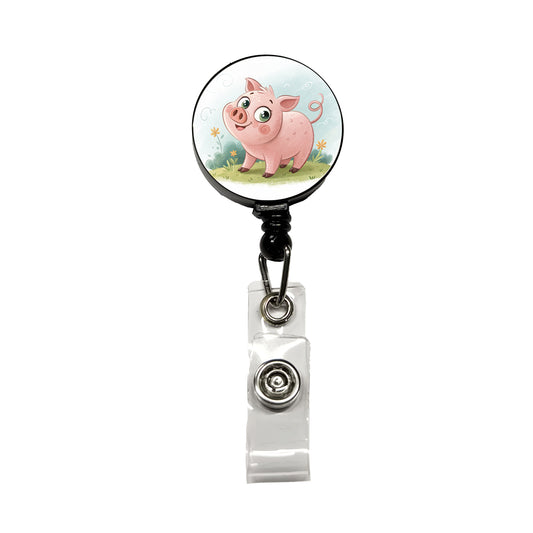 Pig Children's Illustration Style Retractable ID Key Card Name Tag Badge Holder with Clip