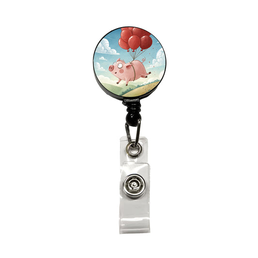Pig Floating Through Sky Hanging From Red Balloons Retractable ID Key Card Name Tag Badge Holder with Clip