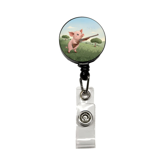Pink Pig With A Shotgun Retractable ID Key Card Name Tag Badge Holder with Clip