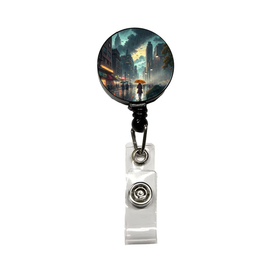 Rain Storm In The City at Night Retractable ID Key Card Name Tag Badge Holder with Clip
