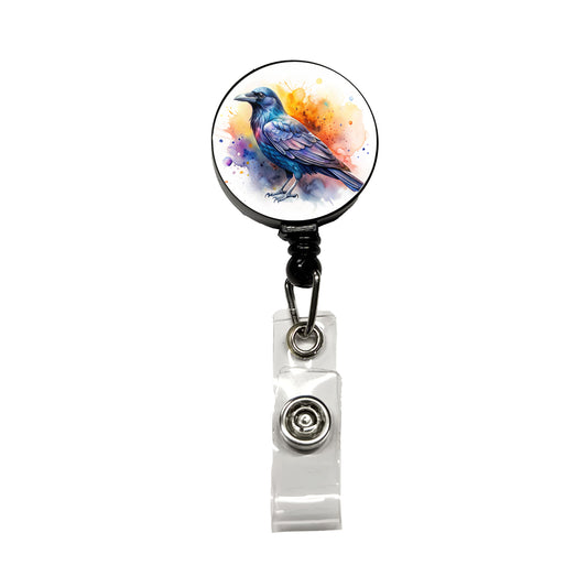 Raven Colorful Watercolor Retractable ID Key Card Name Tag Badge Holder with Clip