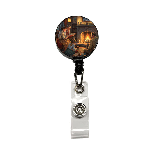 Reading by the Fireplace Americana Retractable ID Key Card Name Tag Badge Holder with Clip