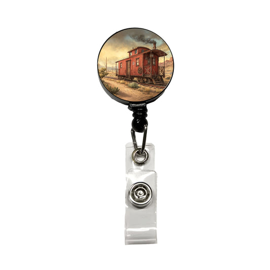 Red Train Caboose Old West Western Retractable ID Key Card Name Tag Badge Holder with Clip