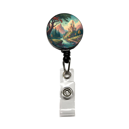 Retro Fantasy Art Castle Kingdom Scene Retractable ID Key Card Name Tag Badge Holder with Clip