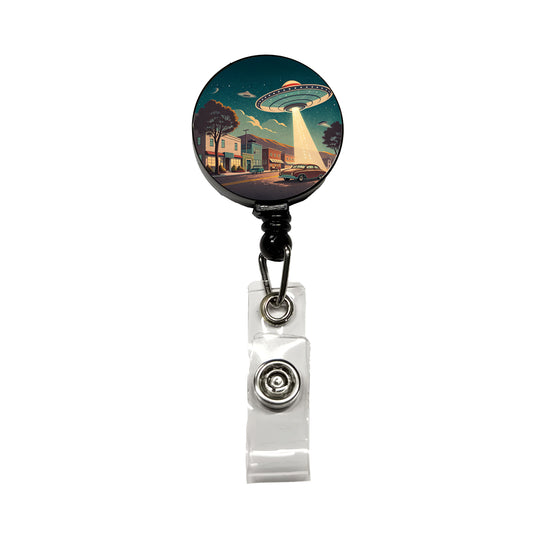 Retro Sci-fi 50's Poster Art Flying Saucer Retractable ID Key Card Name Tag Badge Holder with Clip