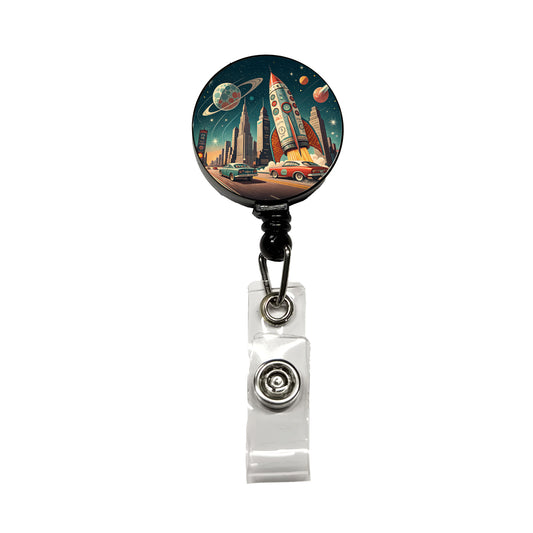 Retro Sci-fi 60's Poster Art Rocket Retractable ID Key Card Name Tag Badge Holder with Clip