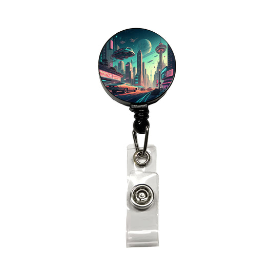 Retro Sci-fi Poster Art Futuristic City Scene Retractable ID Key Card Name Tag Badge Holder with Clip