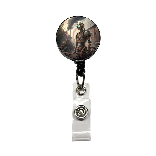 Retro Steampunk Factory Robot Android Retractable ID Key Card Name Tag Badge Holder with Clip