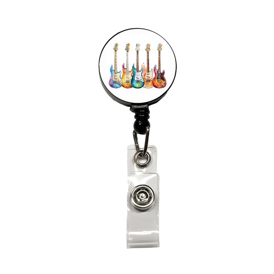 Rock And Roll Guitar Collection Watercolor Retractable ID Key Card Name Tag Badge Holder with Clip