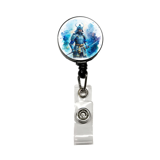 Samurai With Katana And Blue Armor Watercolor Retractable ID Key Card Name Tag Badge Holder with Clip