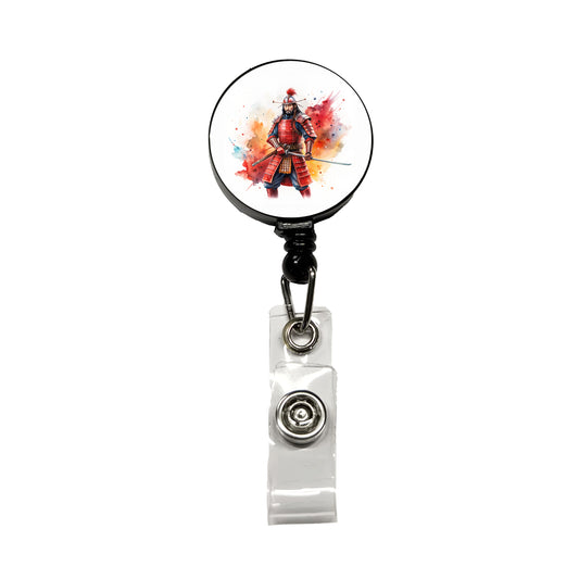 Samurai With Katana And Red Armor Watercolor Retractable ID Key Card Name Tag Badge Holder with Clip
