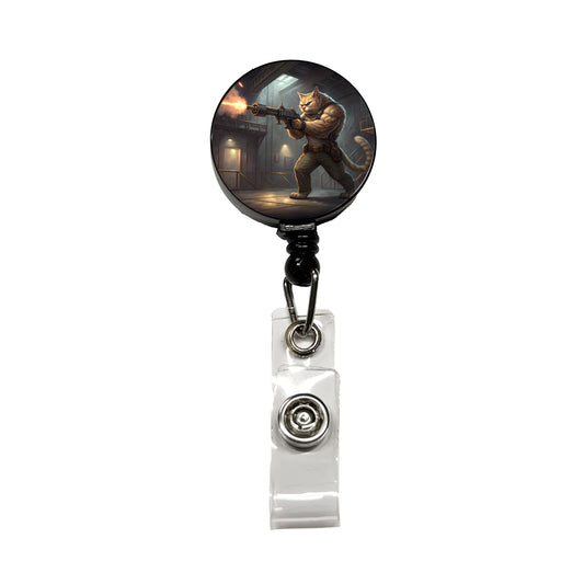 Sci-fi Action Hero Cat Shooting A Machine Gun Retractable ID Key Card Name Tag Badge Holder with Clip
