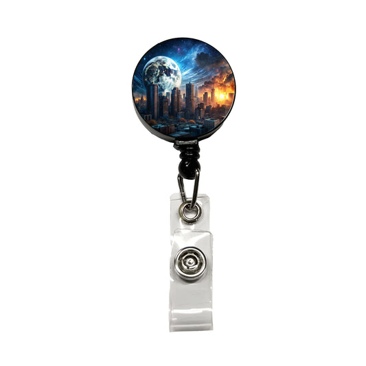 Sci-fi Apocalypse Cityscape City At Night Under a Large Full Moon Retractable ID Key Card Name Tag Badge Holder with Clip
