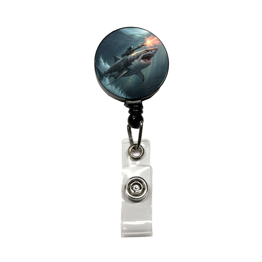 Shark With Laser Gun Mounted On Its Back Retractable ID Key Card Name Tag Badge Holder with Clip