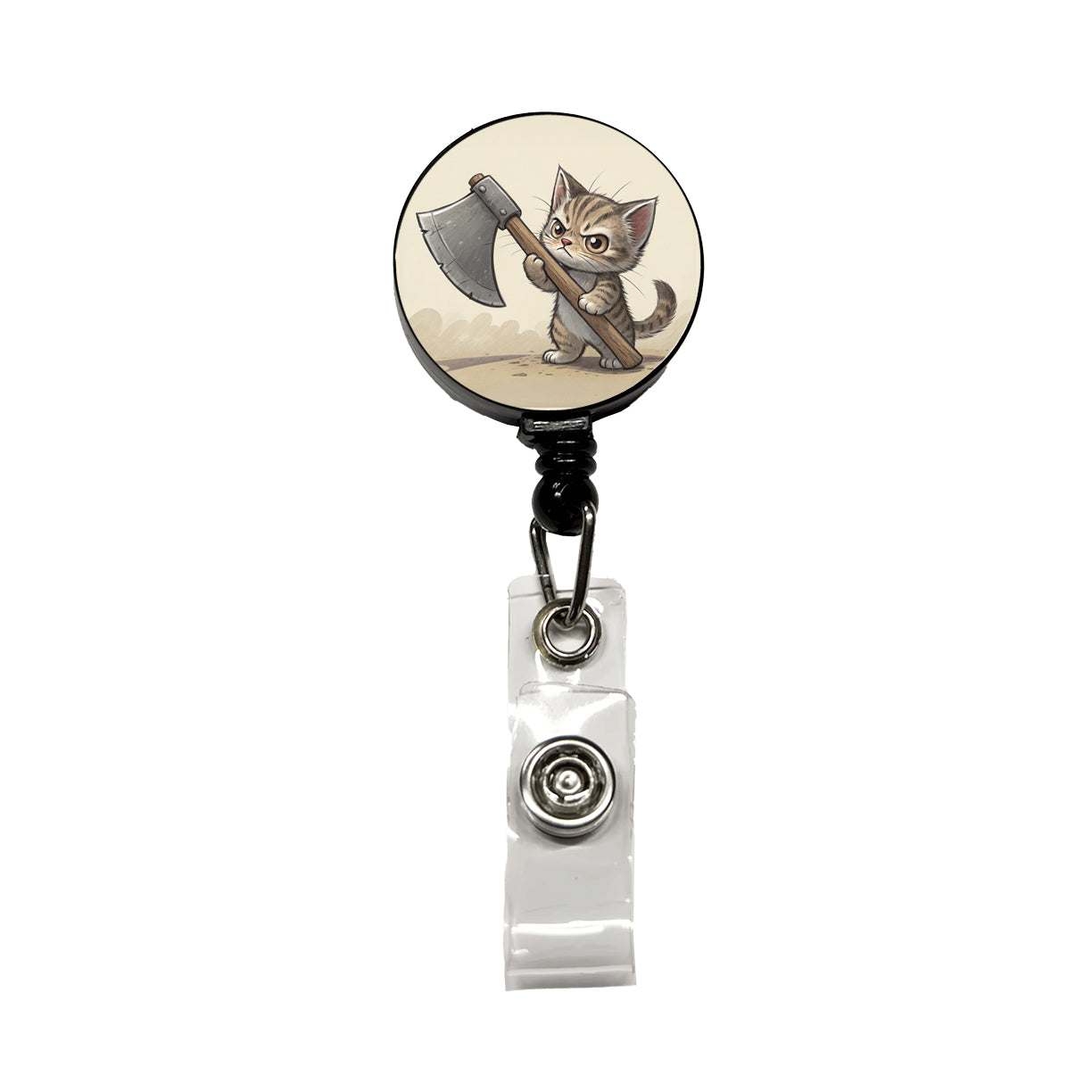 Small Cat Kitten Wielding a Large Axe Funny Fantasy Retractable ID Key Card Name Tag Badge Holder with Clip