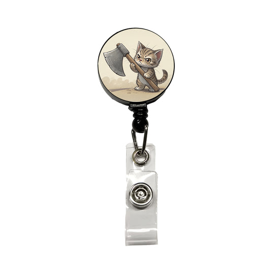 Small Cat Kitten Wielding a Large Axe Funny Fantasy Retractable ID Key Card Name Tag Badge Holder with Clip