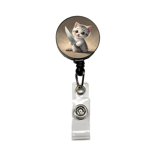 Small Cute Cat Kitten with a Butcher Knife Funny Retractable ID Key Card Name Tag Badge Holder with Clip