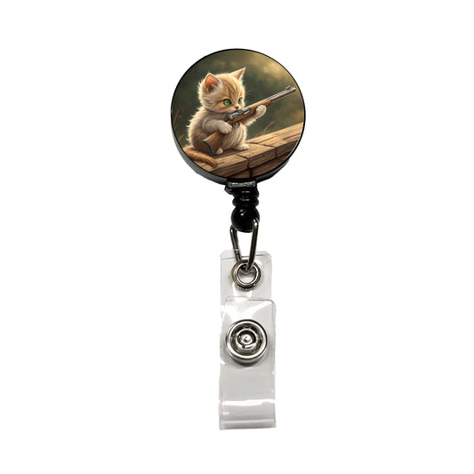 Small Cute Fuzzy Cat Kitten with a Shotgun Funny Retractable ID Key Card Name Tag Badge Holder with Clip