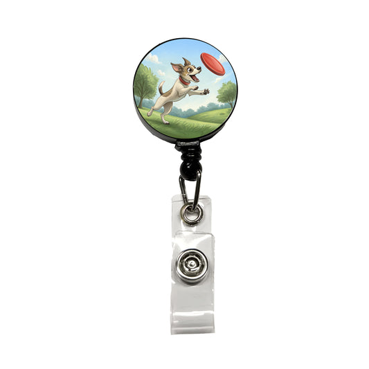 Small Dog Catching a Flying Disc Retractable ID Key Card Name Tag Badge Holder with Clip