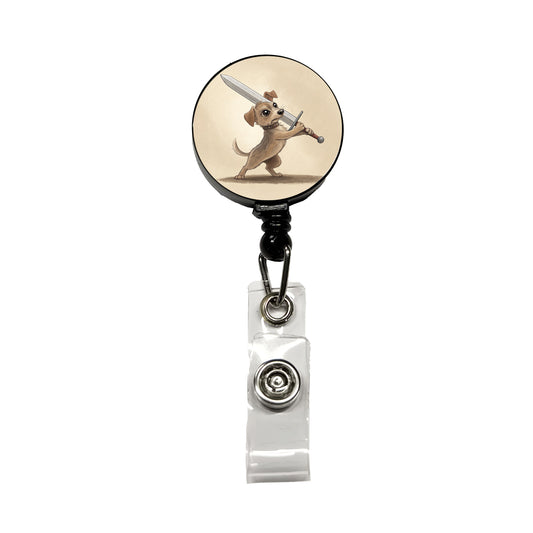 Small Dog Wielding a Large Sword Funny Fantasy Retractable ID Key Card Name Tag Badge Holder with Clip