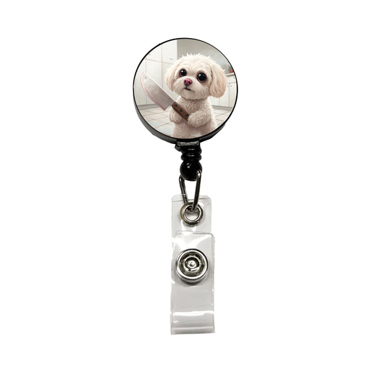 Small Fluffy Dog with a Butcher Knife Funny Scary Halloween Retractable ID Key Card Name Tag Badge Holder with Clip