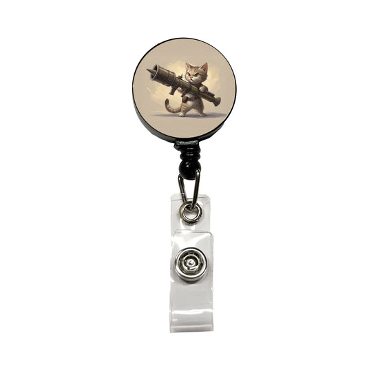 Small Fuzzy Cat Kitten with a Rocket Launcher Funny Retractable ID Key Card Name Tag Badge Holder with Clip