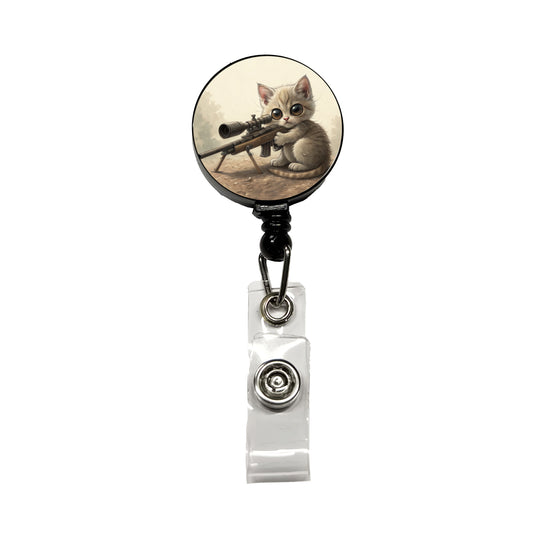 Small Fuzzy Cat Kitten With A Sniper Rifle Funny Retractable ID Key Card Name Tag Badge Holder with Clip