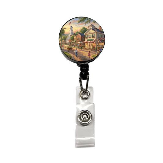 Small Town Americana Scene Retractable ID Key Card Name Tag Badge Holder with Clip