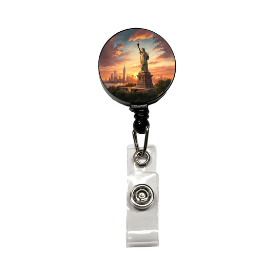 Statue Of Liberty During Sunset New York City Retractable ID Key Card Name Tag Badge Holder with Clip