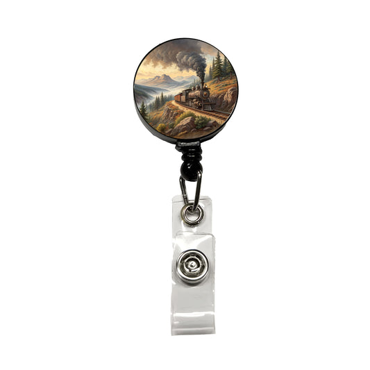 Steam Locomotive Coming Around The Mountain Old West Western Retractable ID Key Card Name Tag Badge Holder with Clip