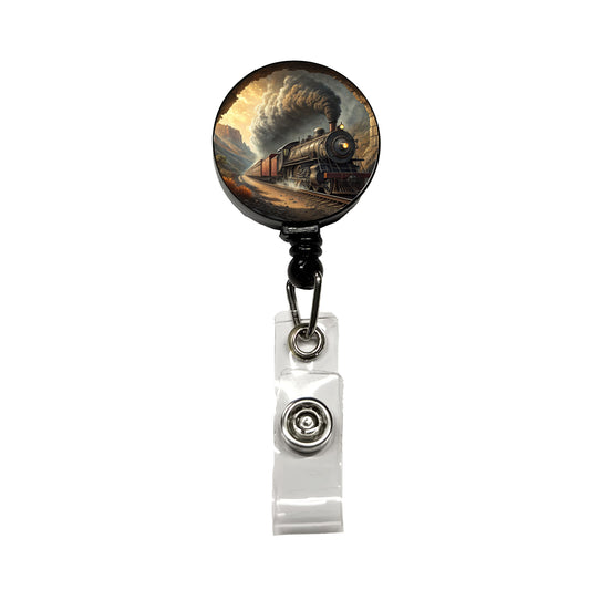 Steam Locomotive Coming Through Tunnel Old West Retractable ID Key Card Name Tag Badge Holder with Clip