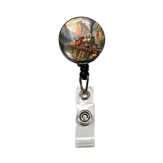 Steam Locomotive Crossing Gorge Old West Western Retractable ID Key Card Name Tag Badge Holder with Clip