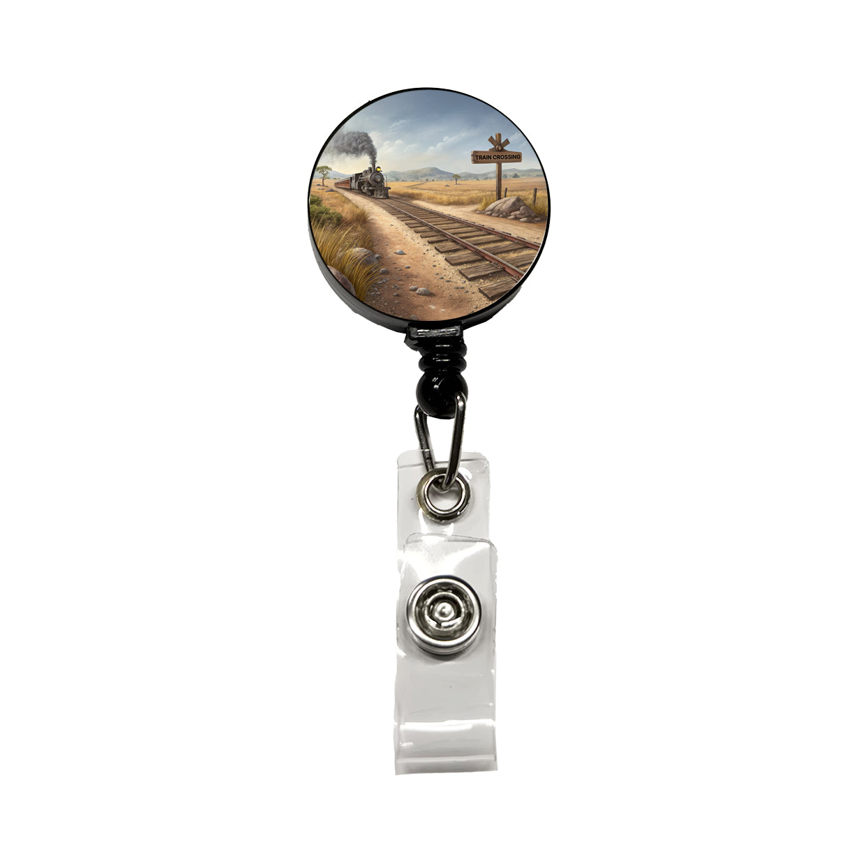 Steam Locomotive Train Crossing Old West Western Retractable ID Key Card Name Tag Badge Holder with Clip