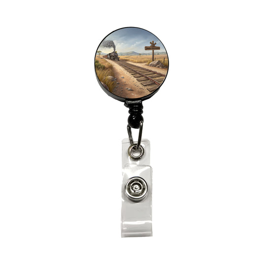 Steam Locomotive Train Crossing Old West Western Retractable ID Key Card Name Tag Badge Holder with Clip