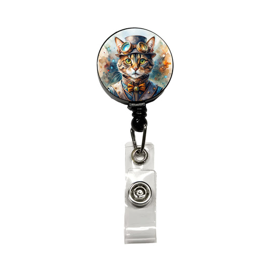 Steampunk Cat Hat and Goggles Watercolor Retractable ID Key Card Name Tag Badge Holder with Clip