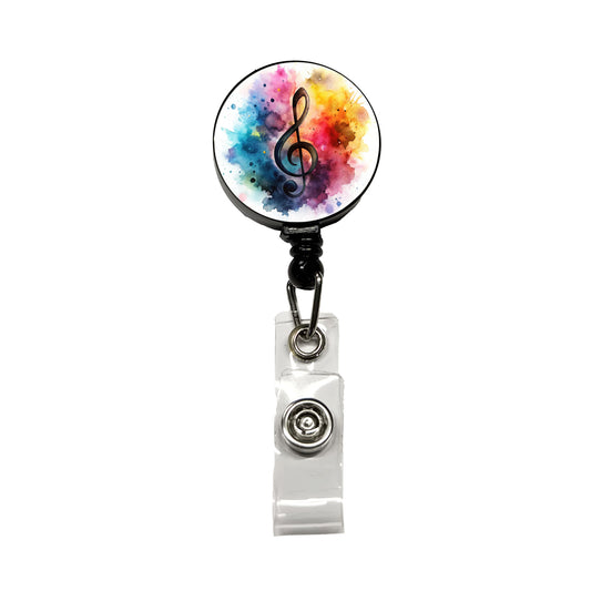 Treble Clef Music Musical Note Colorful Watercolor Retractable ID Key Card Name Tag Badge Holder with Clip