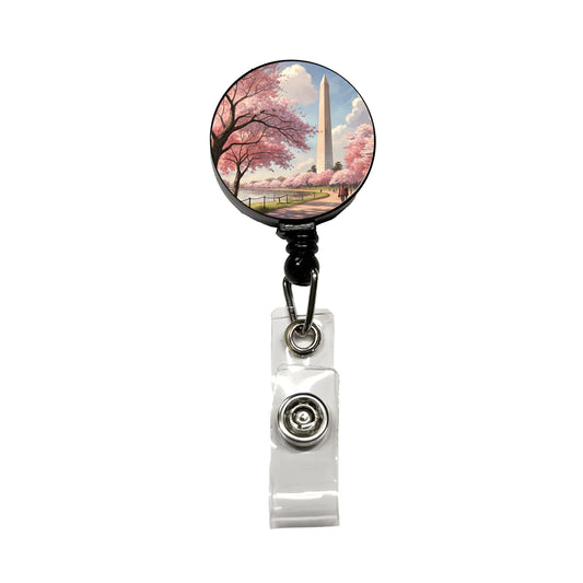 Washington Monument During Cherry Tree Blossom Season Retractable ID Key Card Name Tag Badge Holder with Clip