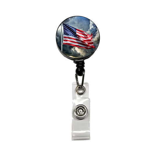 Waving American Flag After Storm Patriotic United States Retractable ID Key Card Name Tag Badge Holder with Clip