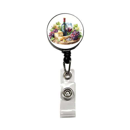 Wine Cheese Grapes on Board Watercolor Retractable ID Key Card Name Tag Badge Holder with Clip