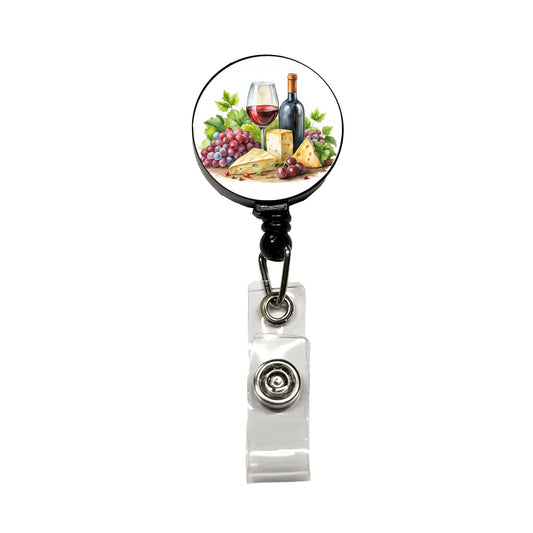 Wine Cheese Grapes Watercolor Retractable ID Key Card Name Tag Badge Holder with Clip